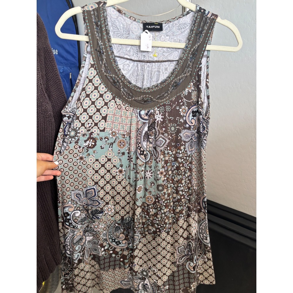 Boho Paisley Beaded Tank Top Patchwork Floral Sleeveless Y2K Brown Teal Taifun